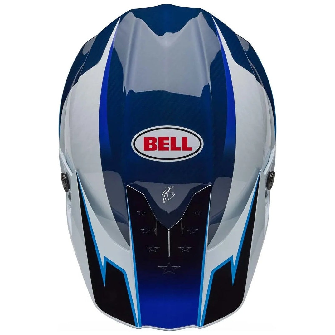 Bell Moto-10 Spherical Tomac25 ECE 22.06 Gloss Blue / White motocross helmet, top view