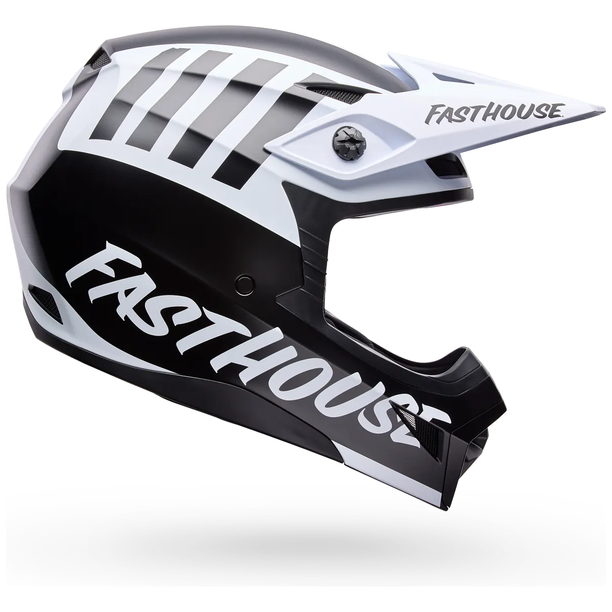 Bell MX-10 MIPS Fasthouse Youth ECE 22.06 Black / White motocross helmet, side profile view