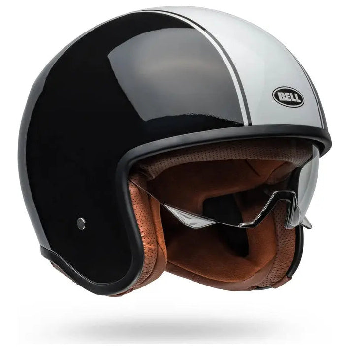 Bell TX-501 Rally ECE 22.06 Black / White open-face motorcycle helmet, front-left three-quarter view