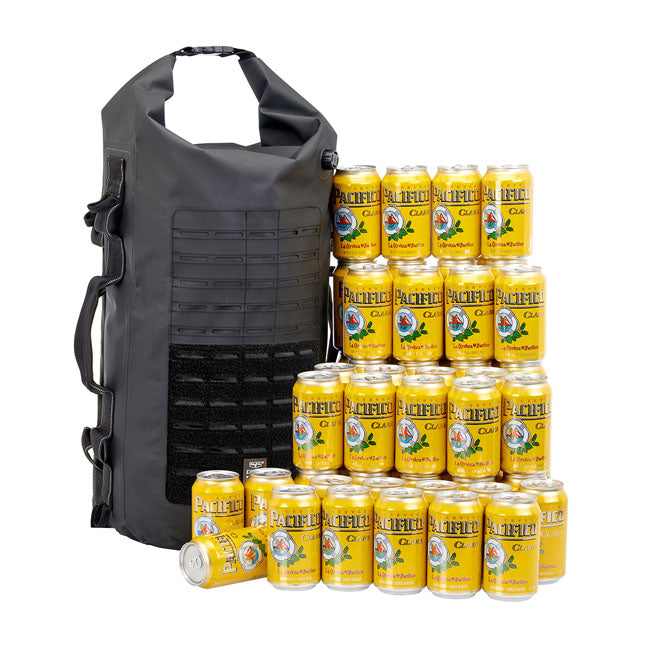Biltwell Exfil-65 2.0 Dry Bag - capacity shown with drinks cans