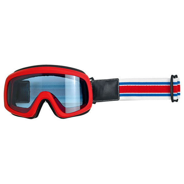 Biltwell Overland 2.0 Racer Goggles Red / White / Blue, motocross goggles with strap extended, front view