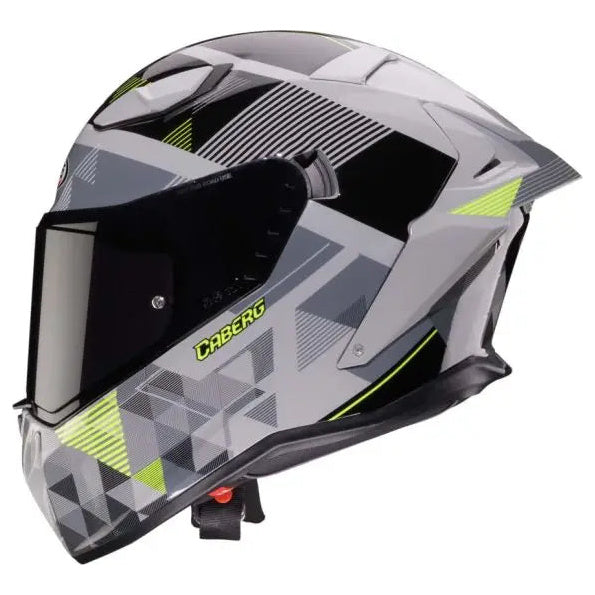 Caberg Drift Evo 2 Prism Grey / Black / Yellow helmet, side view with dark smoke visor fitted