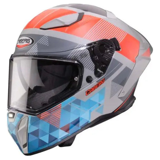 Caberg Drift Evo 2 Prism Matt Grey / Fluo Red / Blue motorcycle helmet, front three-quarter view