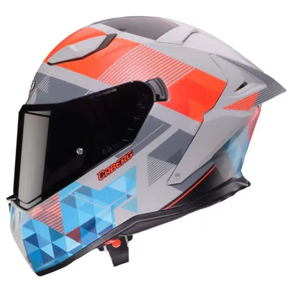 Caberg Drift Evo 2 Prism Matt Grey / Fluo Red / Blue helmet, side view with dark smoke visor fitted