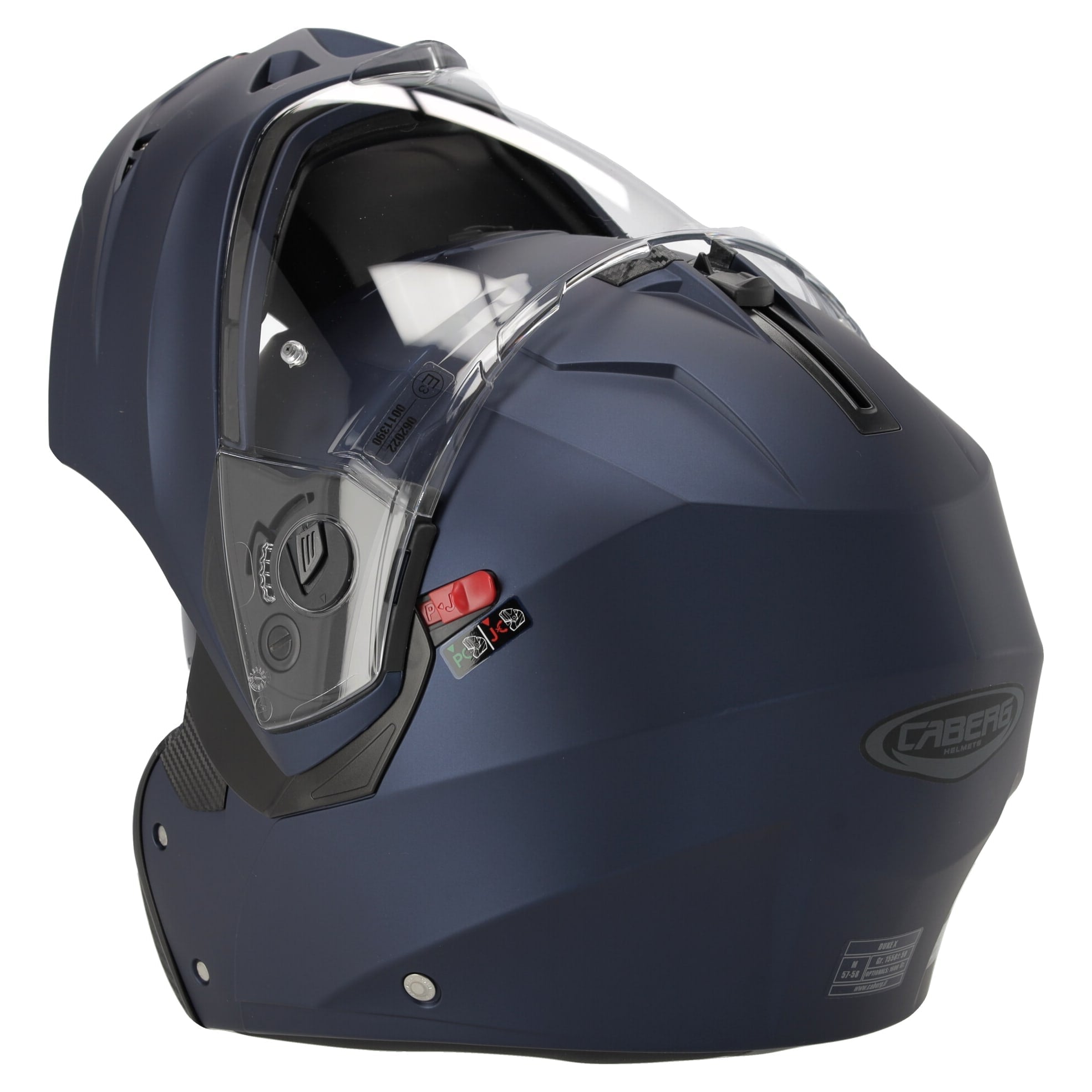 Caberg Duke X Plain Matt Blue, right-side view with chin bar raised