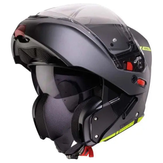 Caberg Horus X Ray Black / Grey / Fluo Yellow flip-up motorcycle helmet, front-left view with chin bar raised