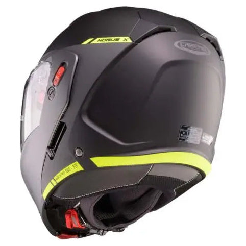 Caberg Horus X Ray Black / Grey / Fluo Yellow flip-up motorcycle helmet, rear-right view
