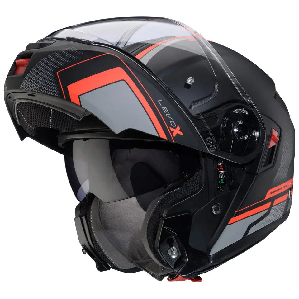 Caberg Levo X Elite Matt Black / Grey / Fluo Red flip-up motorcycle helmet, front-left view with chin bar raised