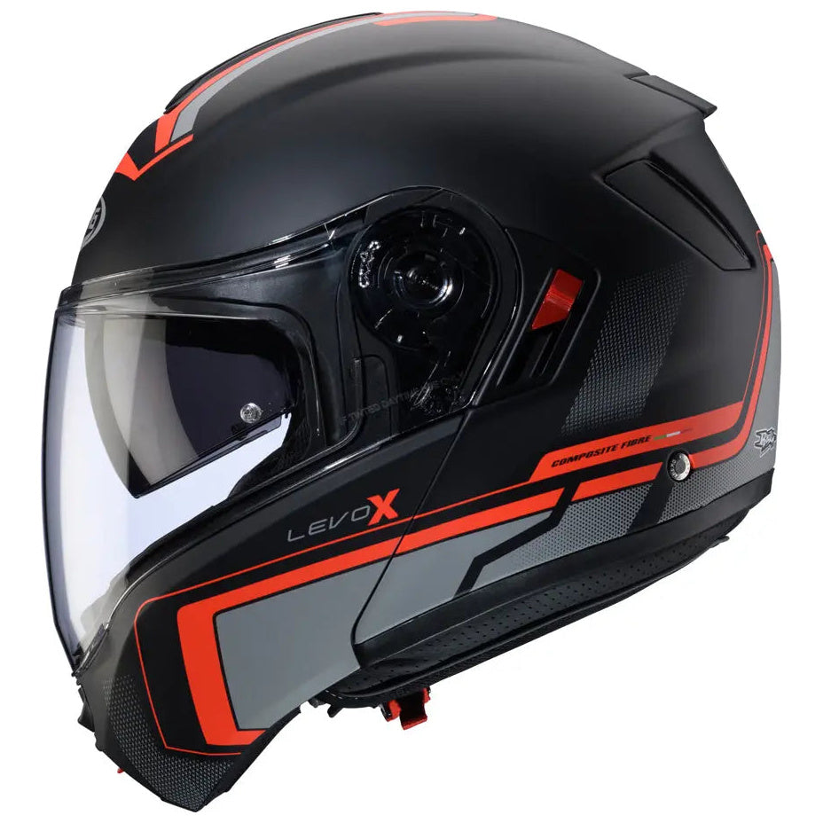 Caberg Levo X Elite Matt Black / Grey / Fluo Red flip-up motorcycle helmet, front-right view with chin bar closed