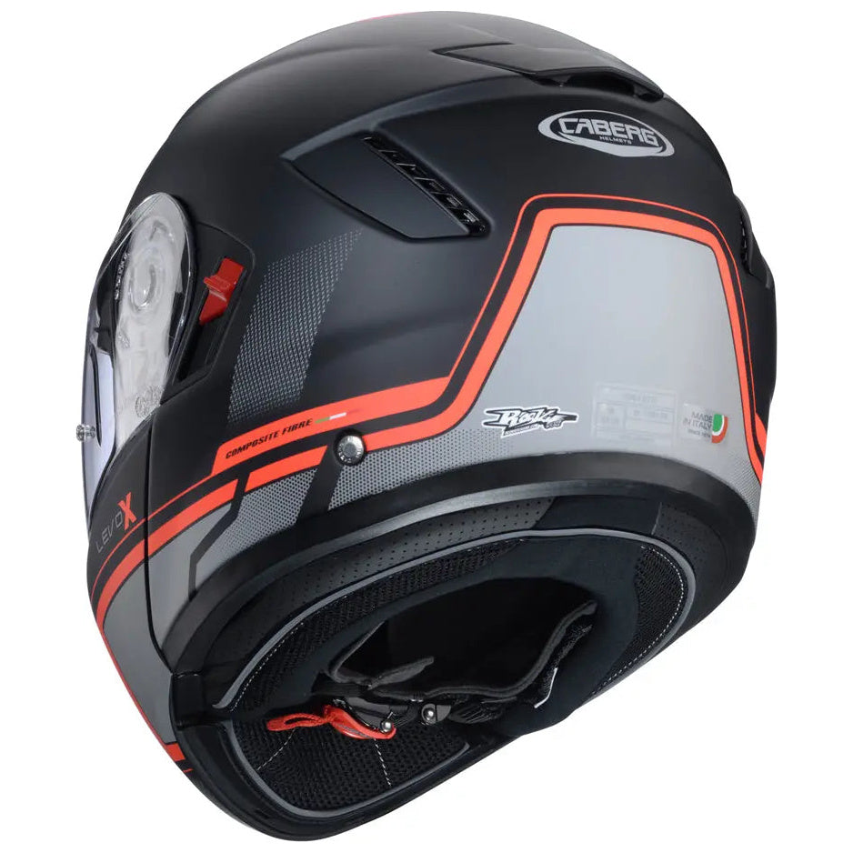 Caberg Levo X Elite Matt Black / Grey / Fluo Red flip-up motorcycle helmet, rear-right view
