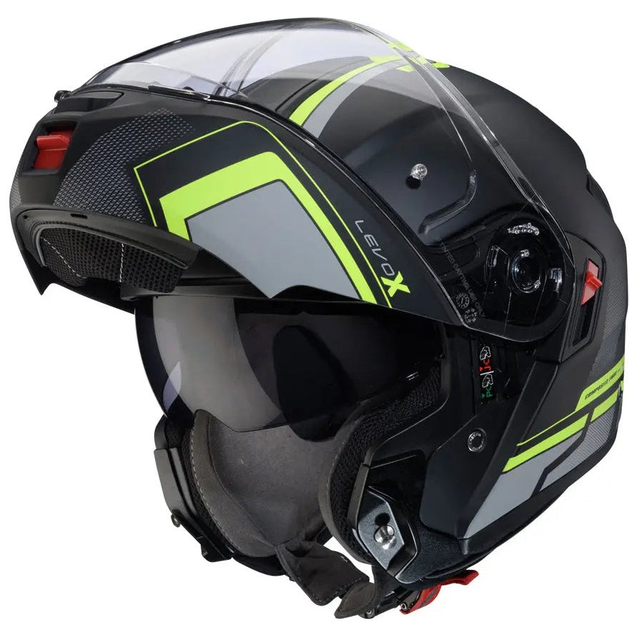 Caberg Levo X Elite Matt Black / Grey / Fluo Yellow flip-up motorcycle helmet, front-left view with chin bar raised