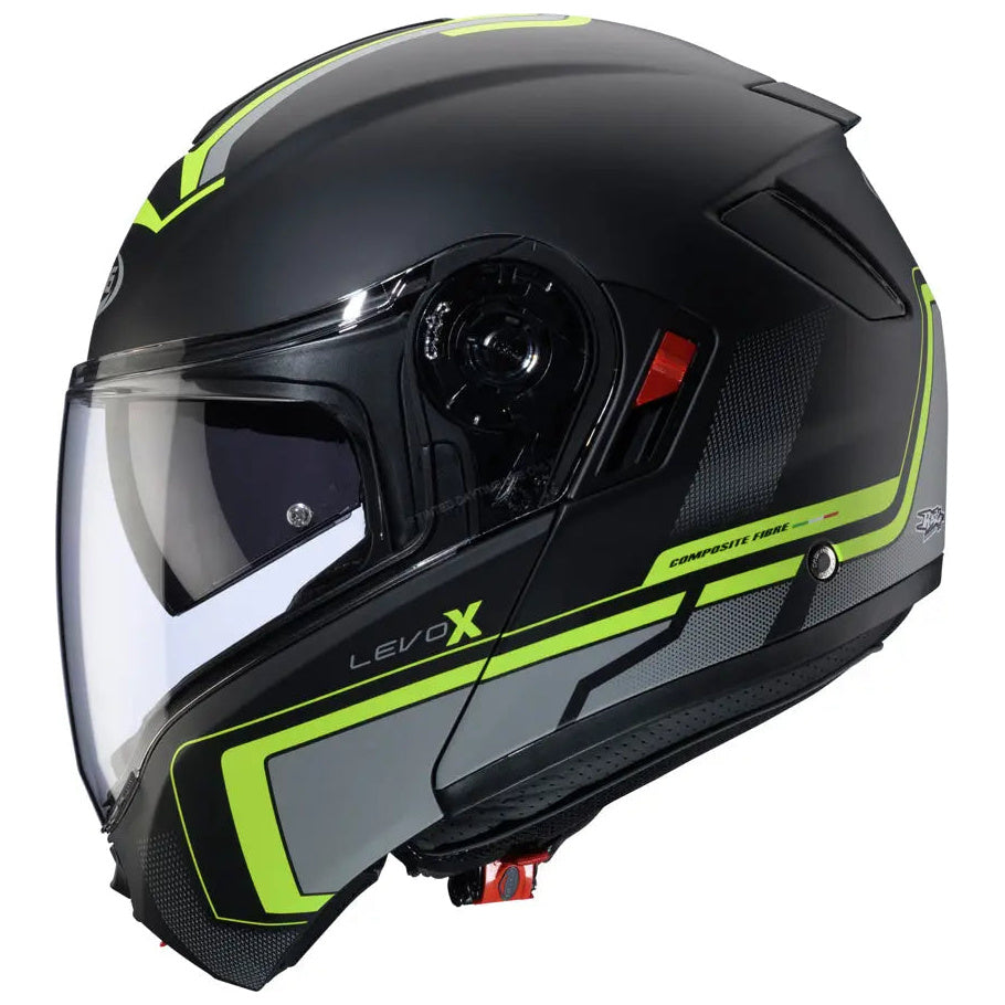 Caberg Levo X Elite Matt Black / Grey / Fluo Yellow flip-up motorcycle helmet, front-right view with chin bar closed