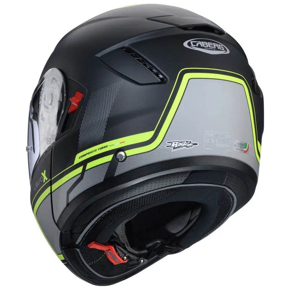 Caberg Levo X Elite Matt Black / Grey / Fluo Yellow flip-up motorcycle helmet, rear-right view