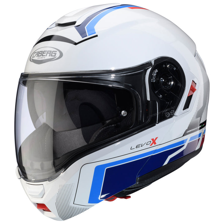 Caberg Levo X Elite White / Red / Blue / Light Blue flip-up motorcycle helmet, front-left view with chin bar closed