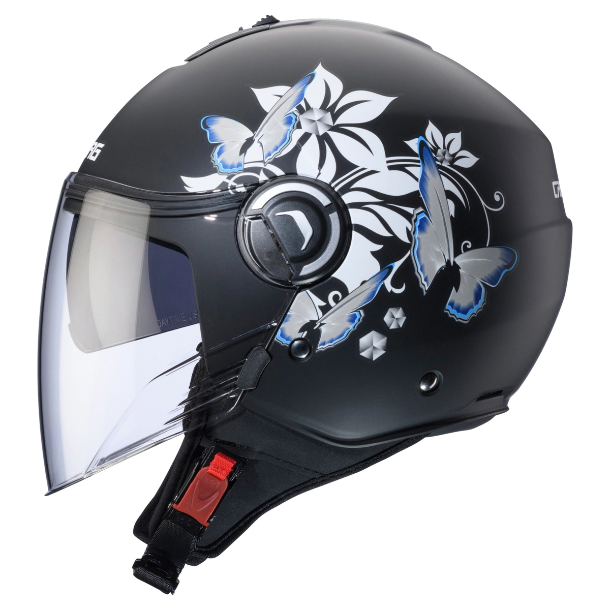 Caberg Riviera V4X Mia Matt Black / White / Grey / Light Blue open-face motorcycle helmet, left-front three-quarter view