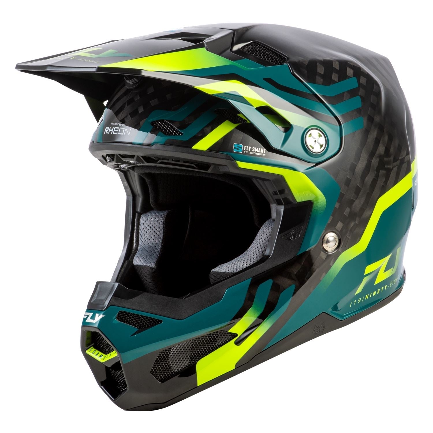 Fly Racing Formula S Byte Carbon Black Carbon / Teal / Lime helmet – left-side view