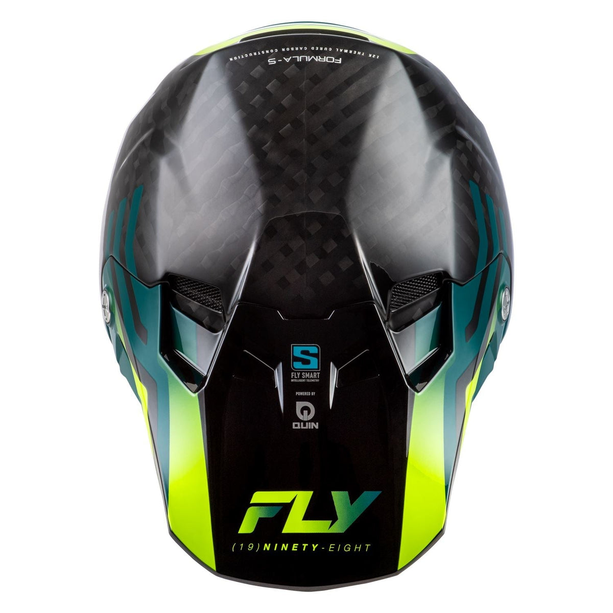 Fly Racing Formula S Byte Carbon Black Carbon / Teal / Lime helmet – top view