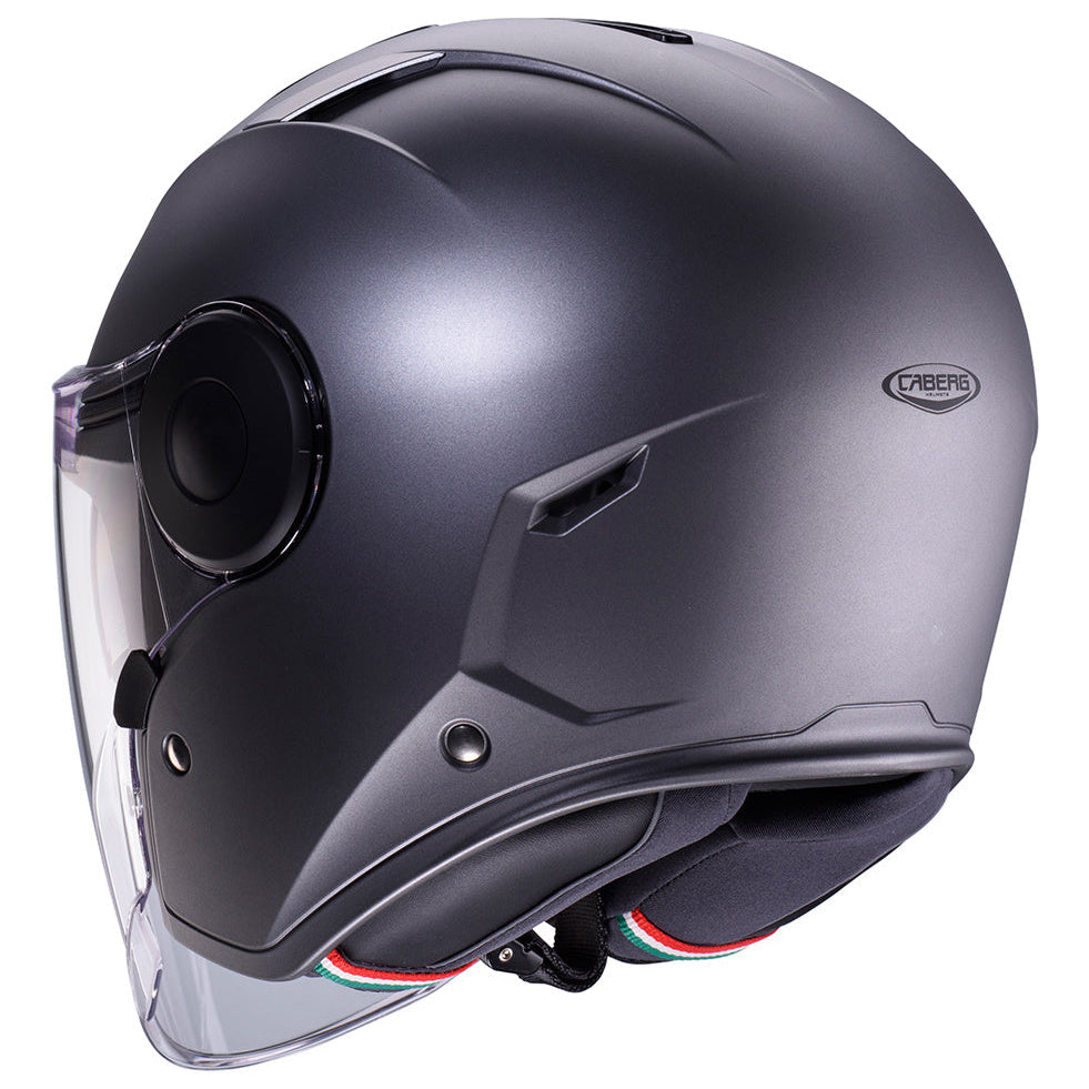Caberg Soho Matt Gun Metal open-face motorcycle helmet, rear-right three-quarter view