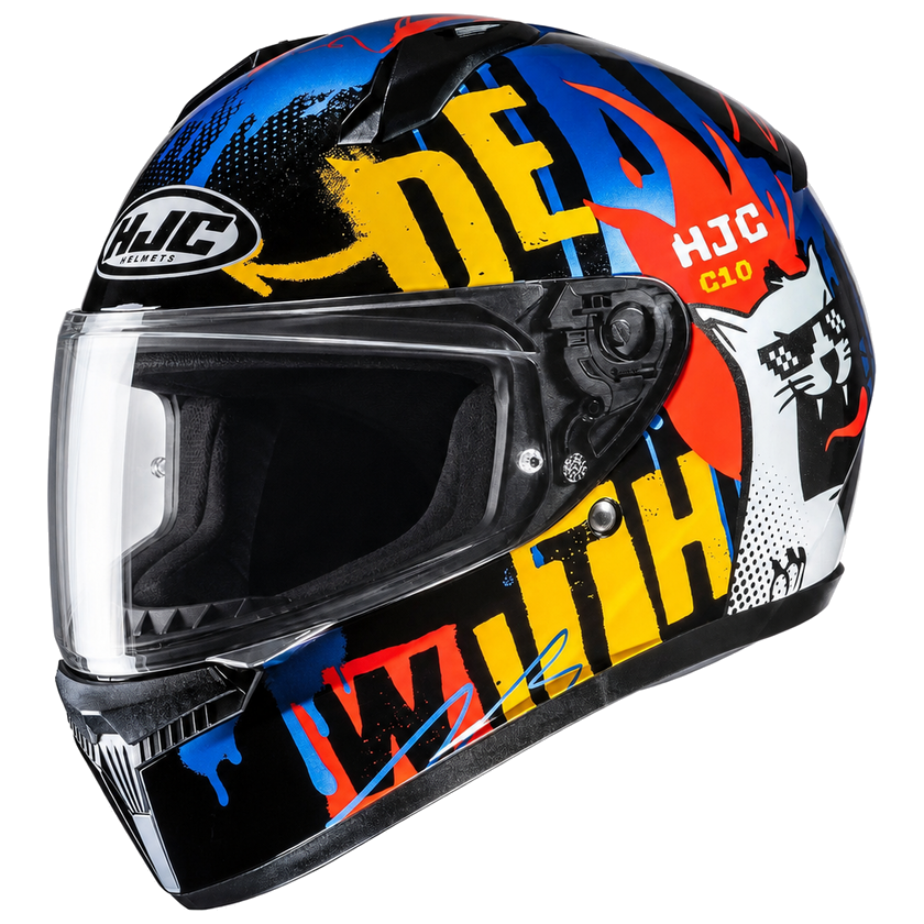 HJC C10 Fop MC23 Blue / White / Fluo Yellow full-face motorcycle helmet, left side view on white background