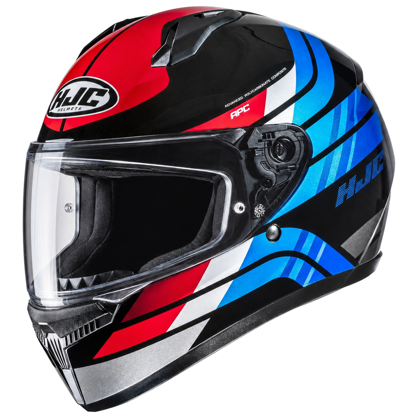HJC C10 Hiper MC21 White / Blue / Red full-face motorcycle helmet, side view on white background