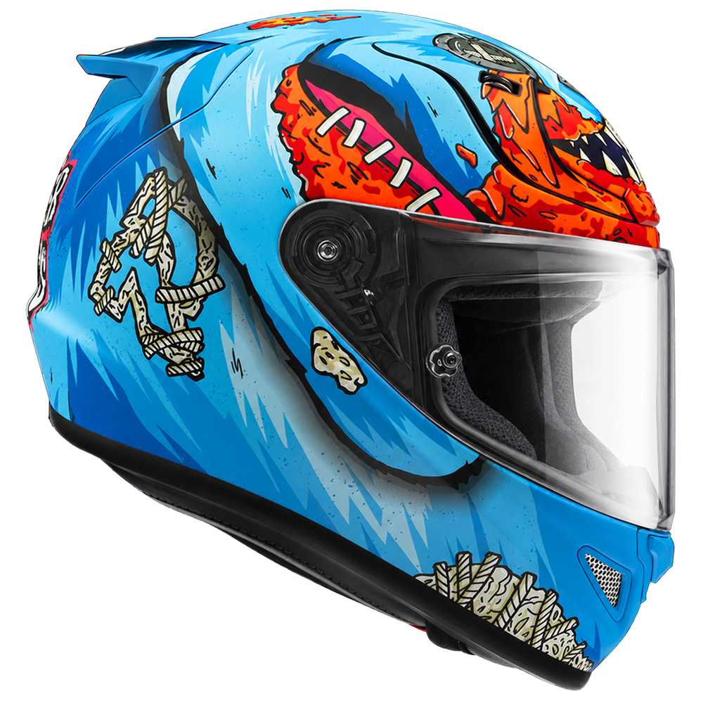HJC RPHA 12 Mister Peeks Call Of Duty MC21SF White / Blue / Red, alternate full-face motorcycle helmet angle on white background