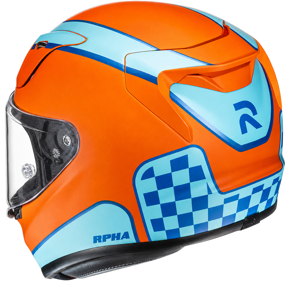 HJC RPHA 12 Respon MC27SF Blue / Orange, alternate full-face motorcycle helmet angle on white background