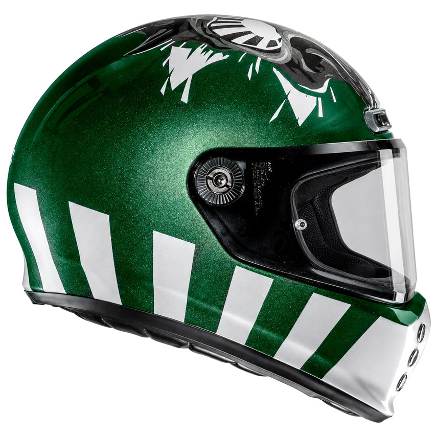 HJC V10 Crania MC4 Green, alternate retro full-face motorcycle helmet angle on white background
