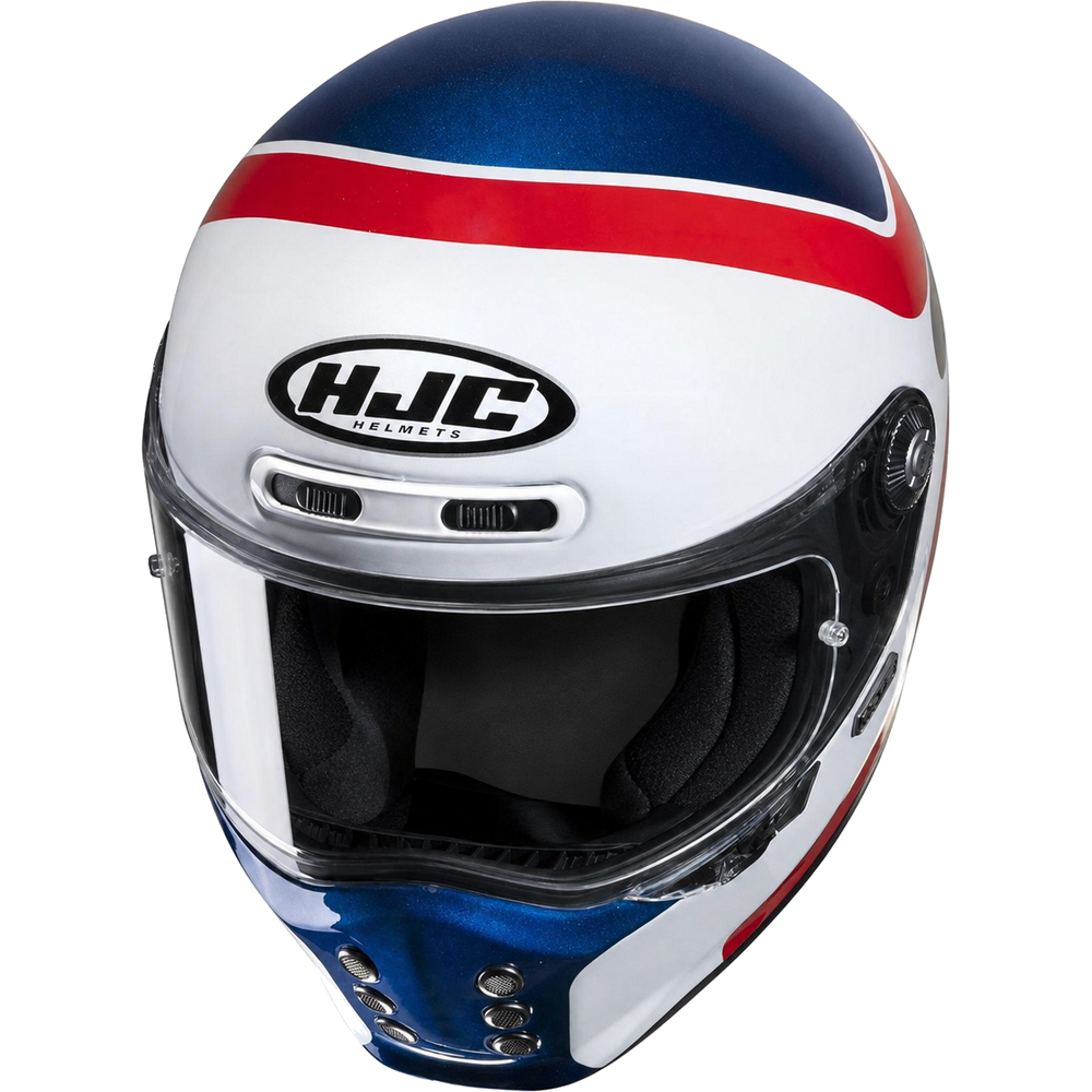 HJC V10 Grape MC21 White / Red / Blue Full Face Motorcycle Helmet, alternate retro full-face motorcycle helmet angle on white background