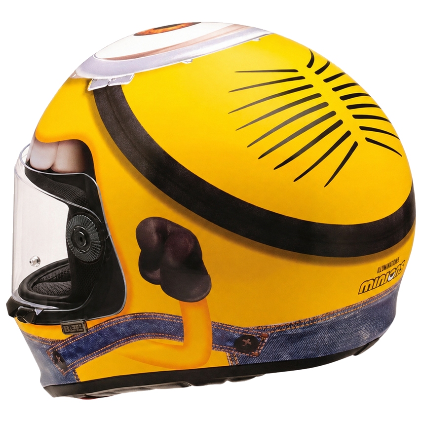 HJC V10 Stuart Minions MC3 Yellow full-face motorcycle helmet, rear view