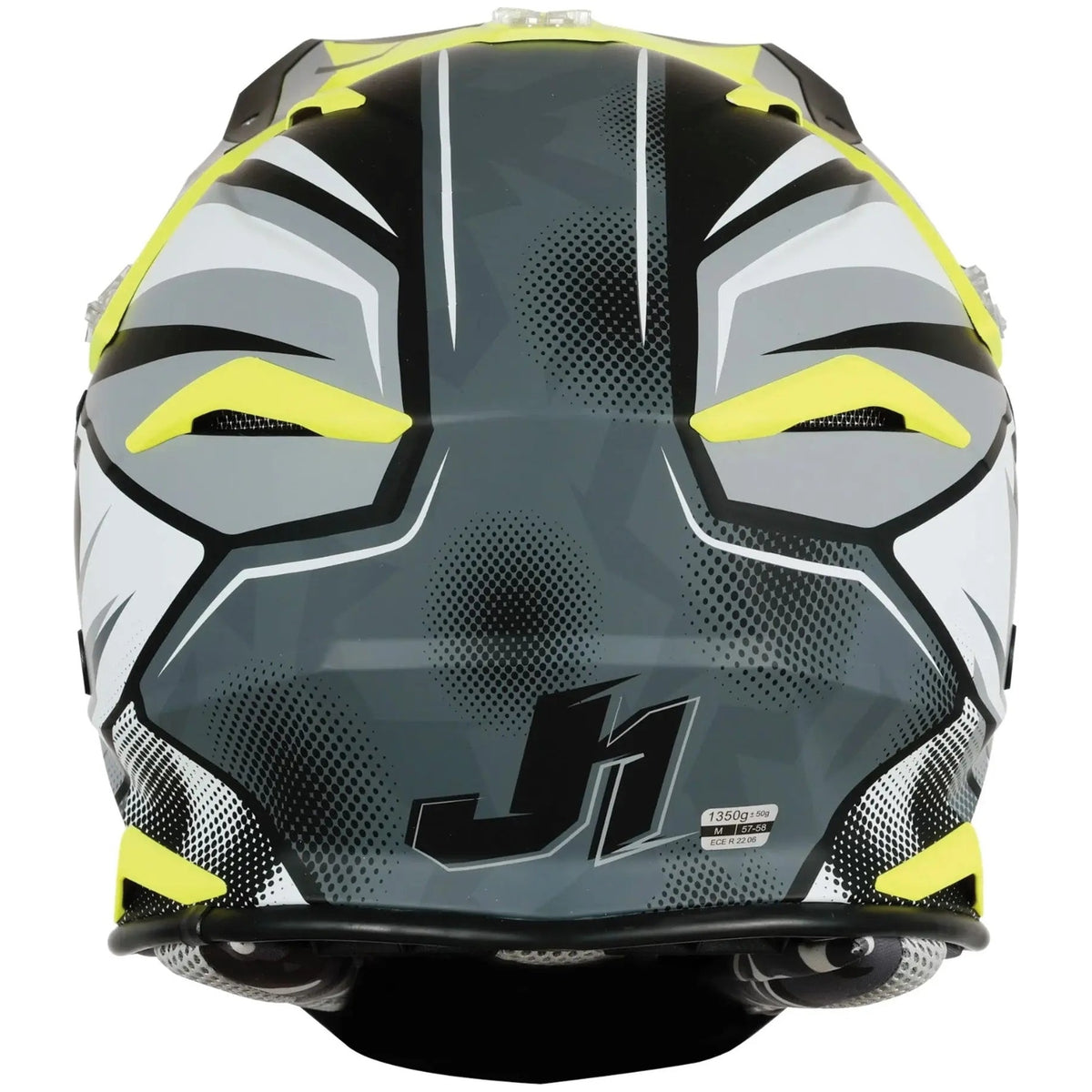 Just1 J39 Revo Grey / Fluo Yellow / Matt Black motocross motorcycle helmet, rear view