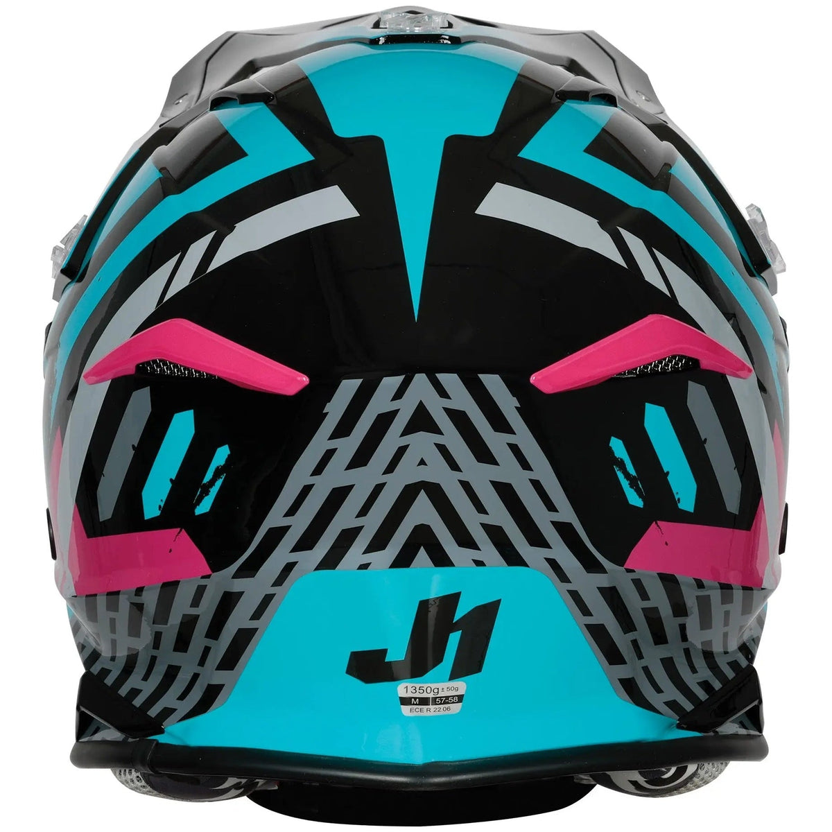 Just1 J39 Teal / Black / Matt Pink motocross helmet - rear view