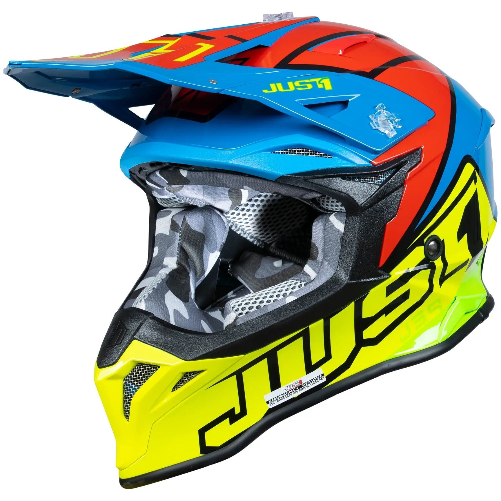 Just1 J39 Thruster Blue / Fluo Yellow / Red motocross helmet - left-side view