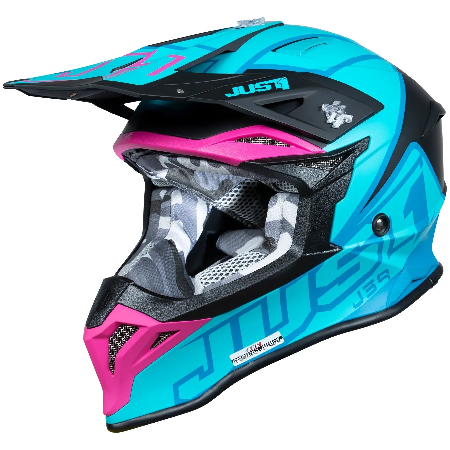 Just1 J39 Thruster Petrol Blue / Fuxia Black motocross helmet - left-side view
