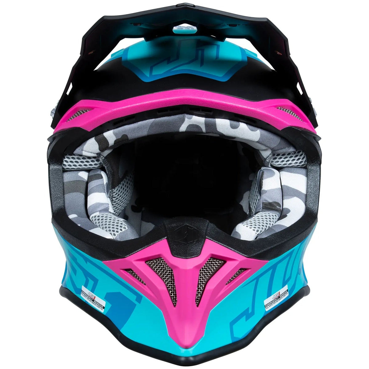 Just1 J39 Thruster Petrol Blue / Fuxia Black motocross helmet - front view
