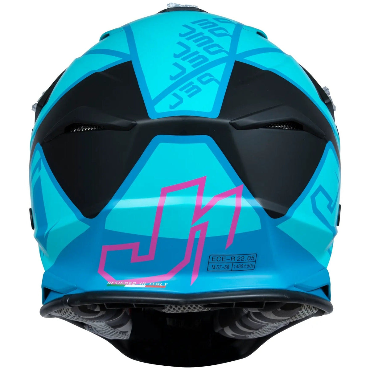 Just1 J39 Thruster Petrol Blue / Fuxia Black motocross helmet - rear view