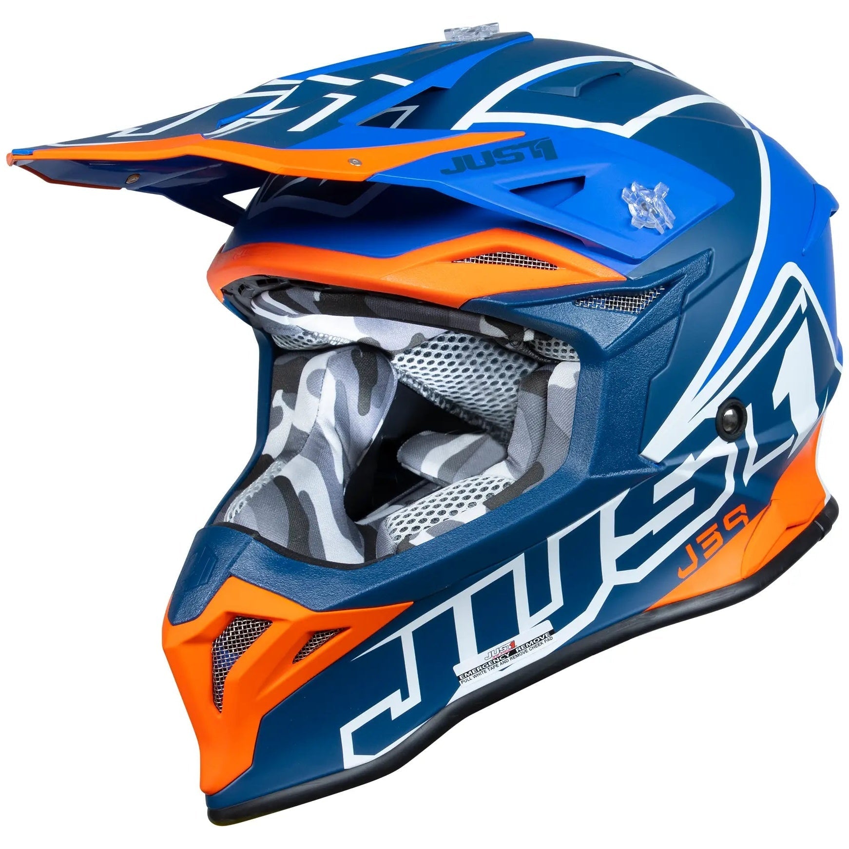 Just1 J39 Thruster White / Fluo Orange / Blue motocross helmet - left-side view