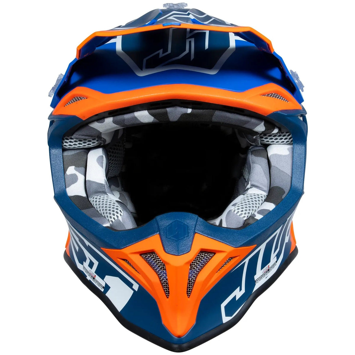 Just1 J39 Thruster White / Fluo Orange / Blue motocross helmet - front view