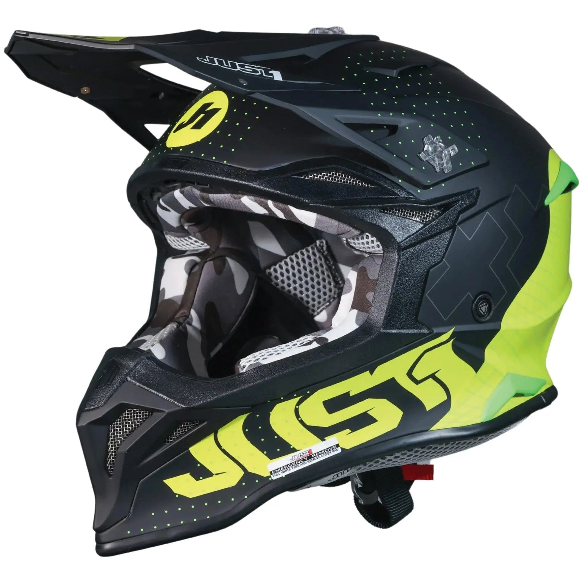 Just1 J39 Xeno Fluo Yellow / Matt Black motocross helmet - left-side view