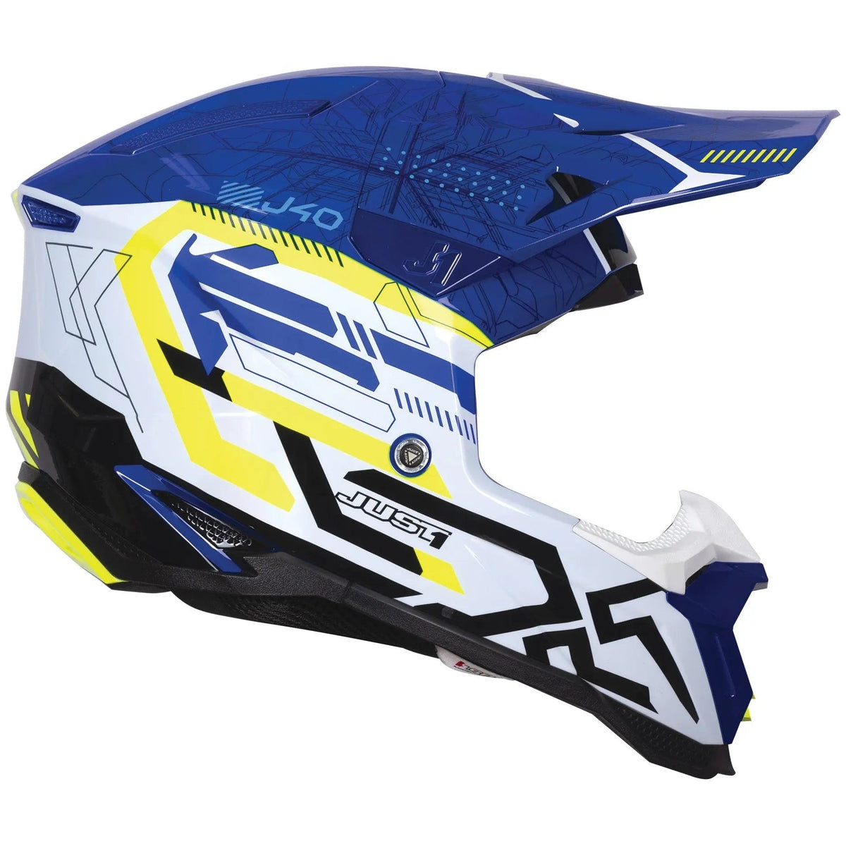 Just1 J40 Mission Fluo Yellow / Gloss Blue motocross helmet - left-side view