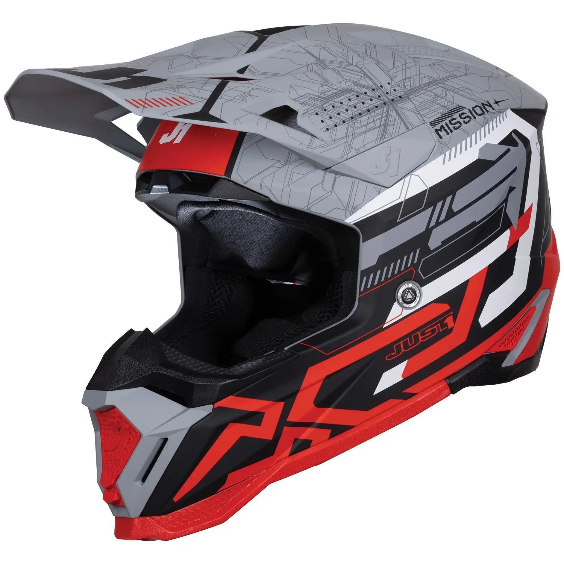 Just1 J40 Mission Red / Matt Grey motocross helmet - left-front three-quarter view