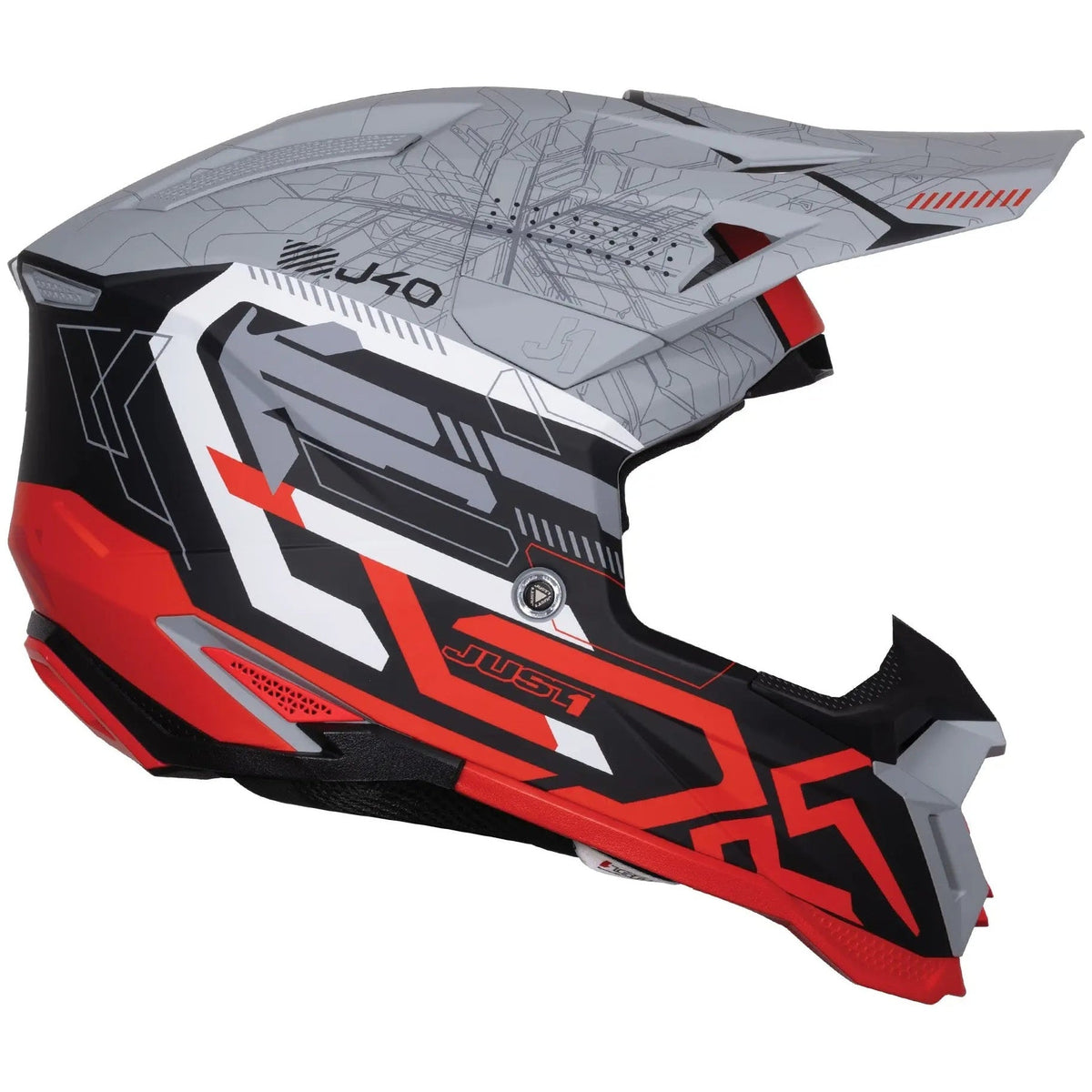 Just1 J40 Mission Red / Matt Grey motocross helmet - right-side view