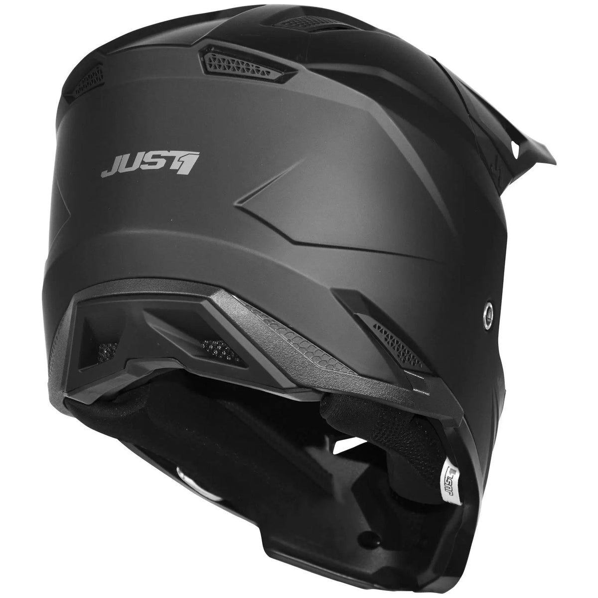 Just1 J40 Solid Matt Black motocross helmet - rear three-quarter view