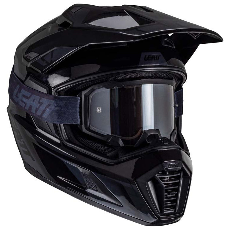 Leatt ADV 8.5 Helmet Kit Stealth Black / Grey adventure motorcycle helmet, visor-raised front view