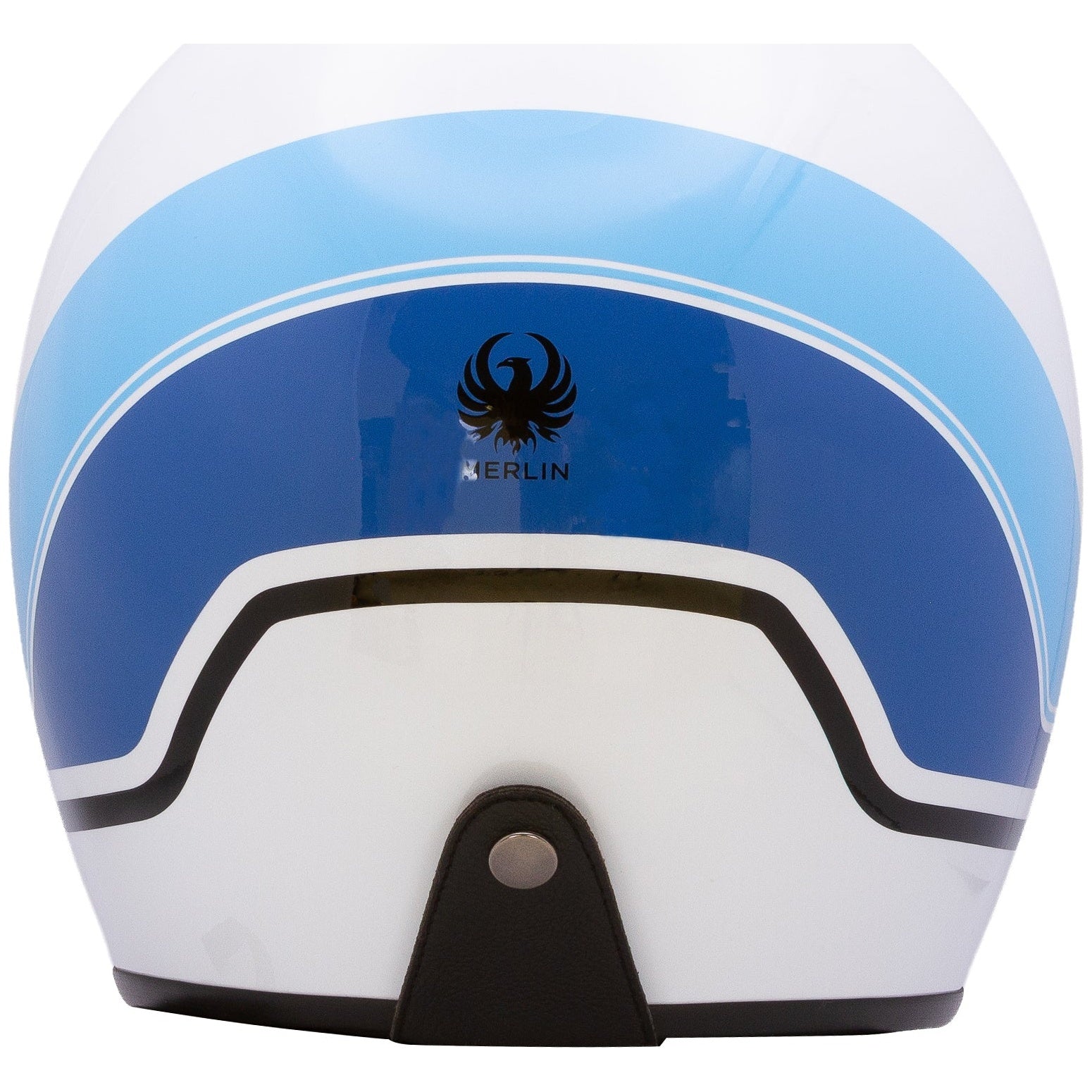 Merlin Blackbird Jet Aero White Stripe open-face motorcycle helmet, rear view