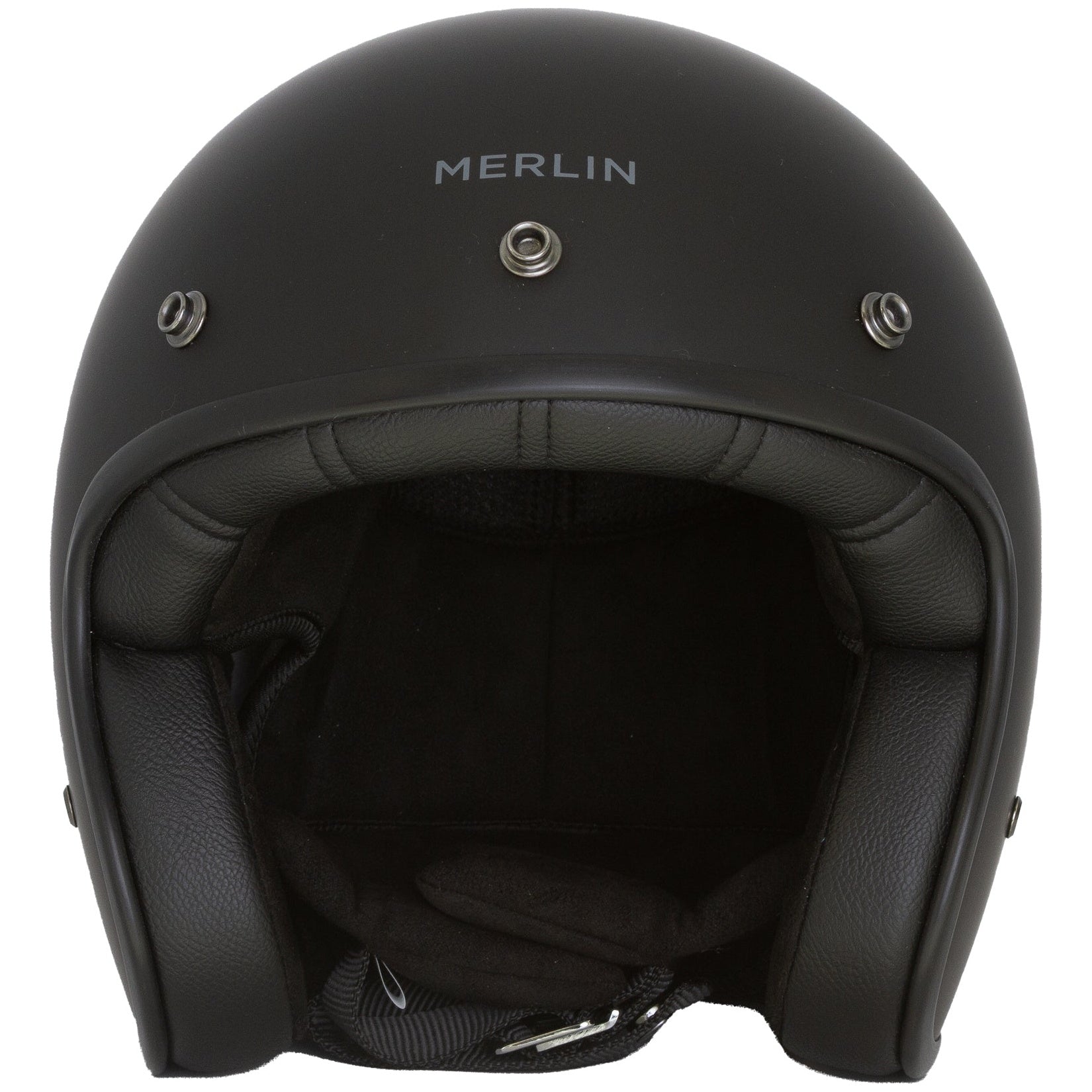 Merlin Blackbird Jet Matt Black open-face motorcycle helmet, front view