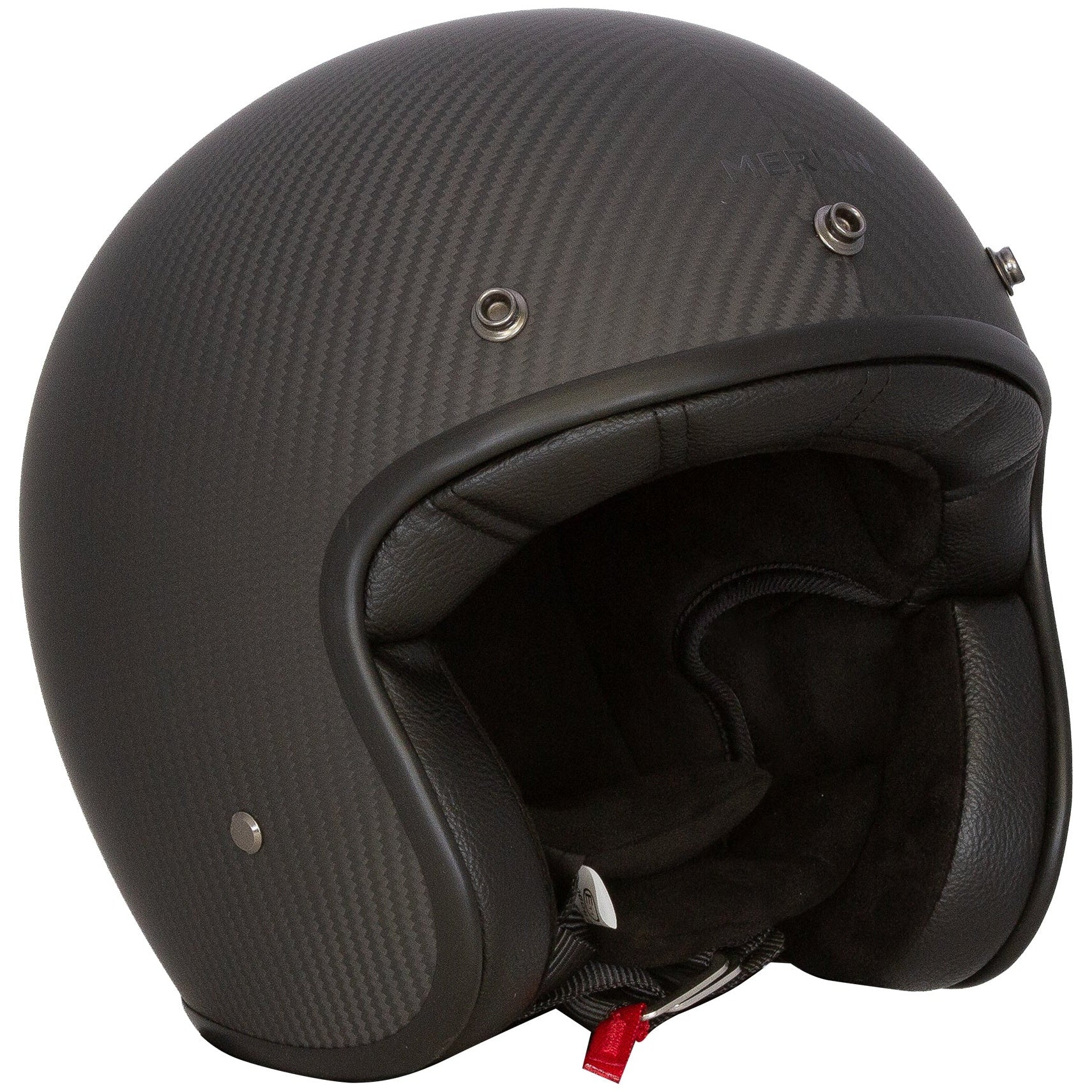Merlin Blackbird Jet Matt Carbon open-face motorcycle helmet, right-side view