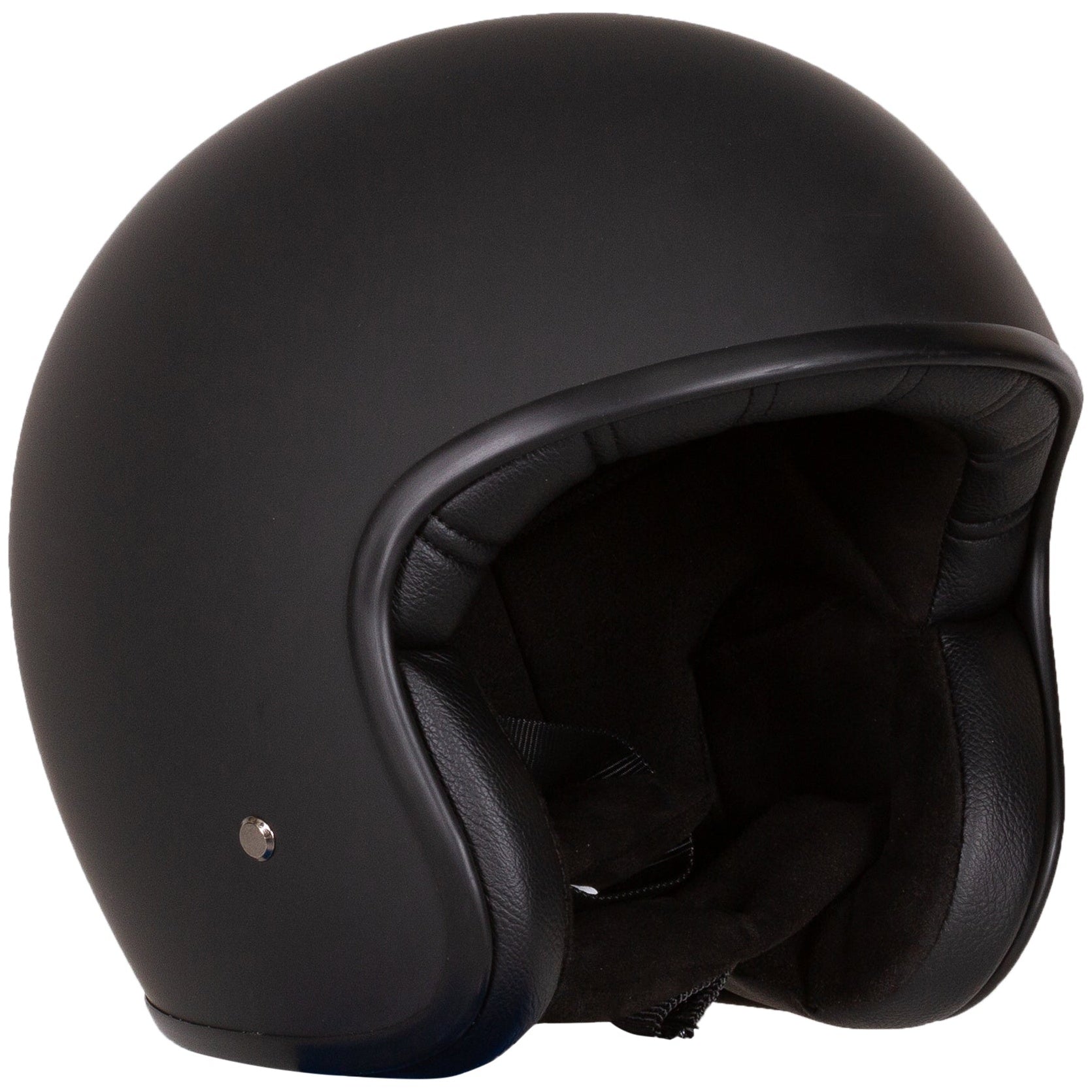 Merlin Blackbird Jet Naked Matt Black open-face motorcycle helmet, front-right three-quarter view