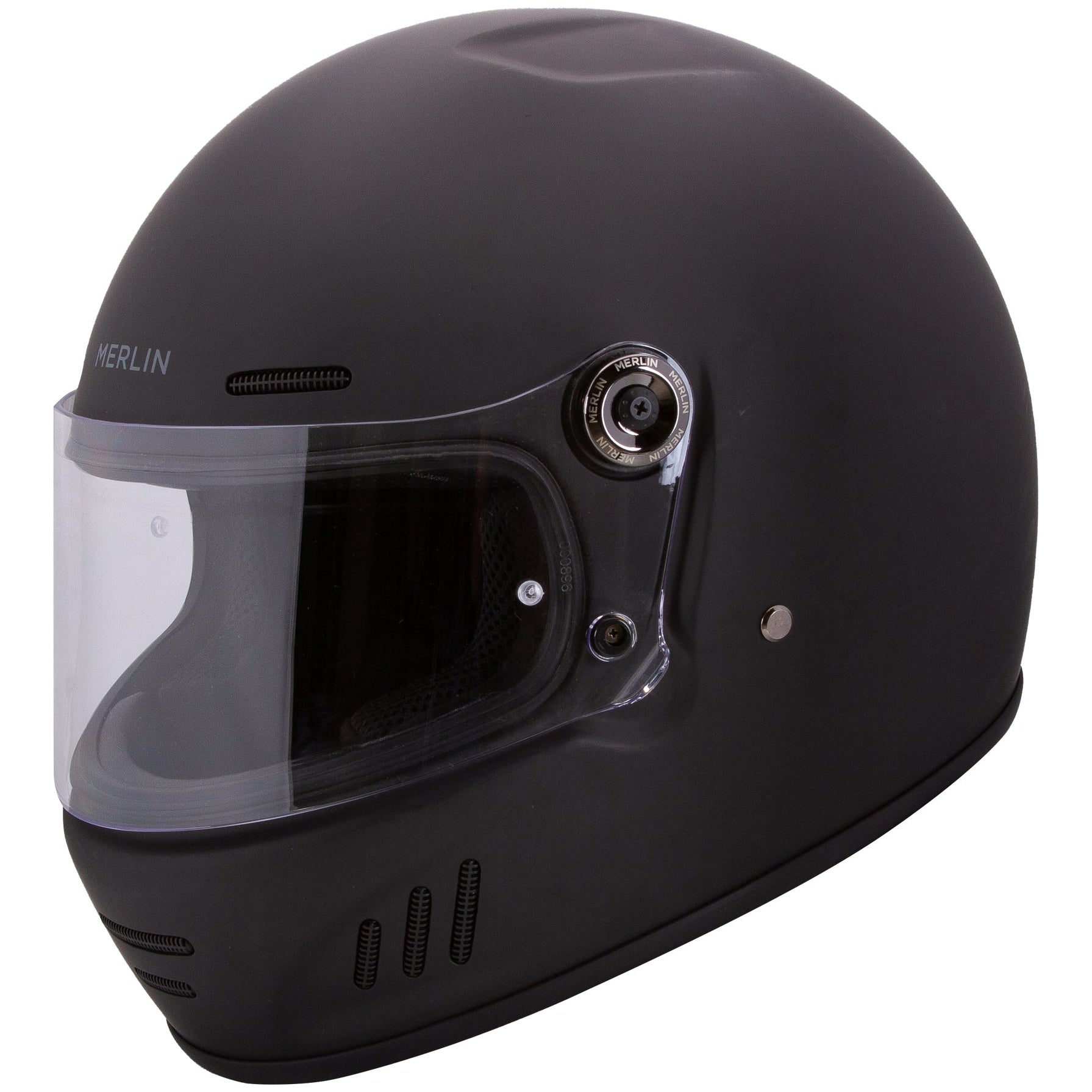 Merlin Revival Matt Black full-face motorcycle helmet, front-left three-quarter view