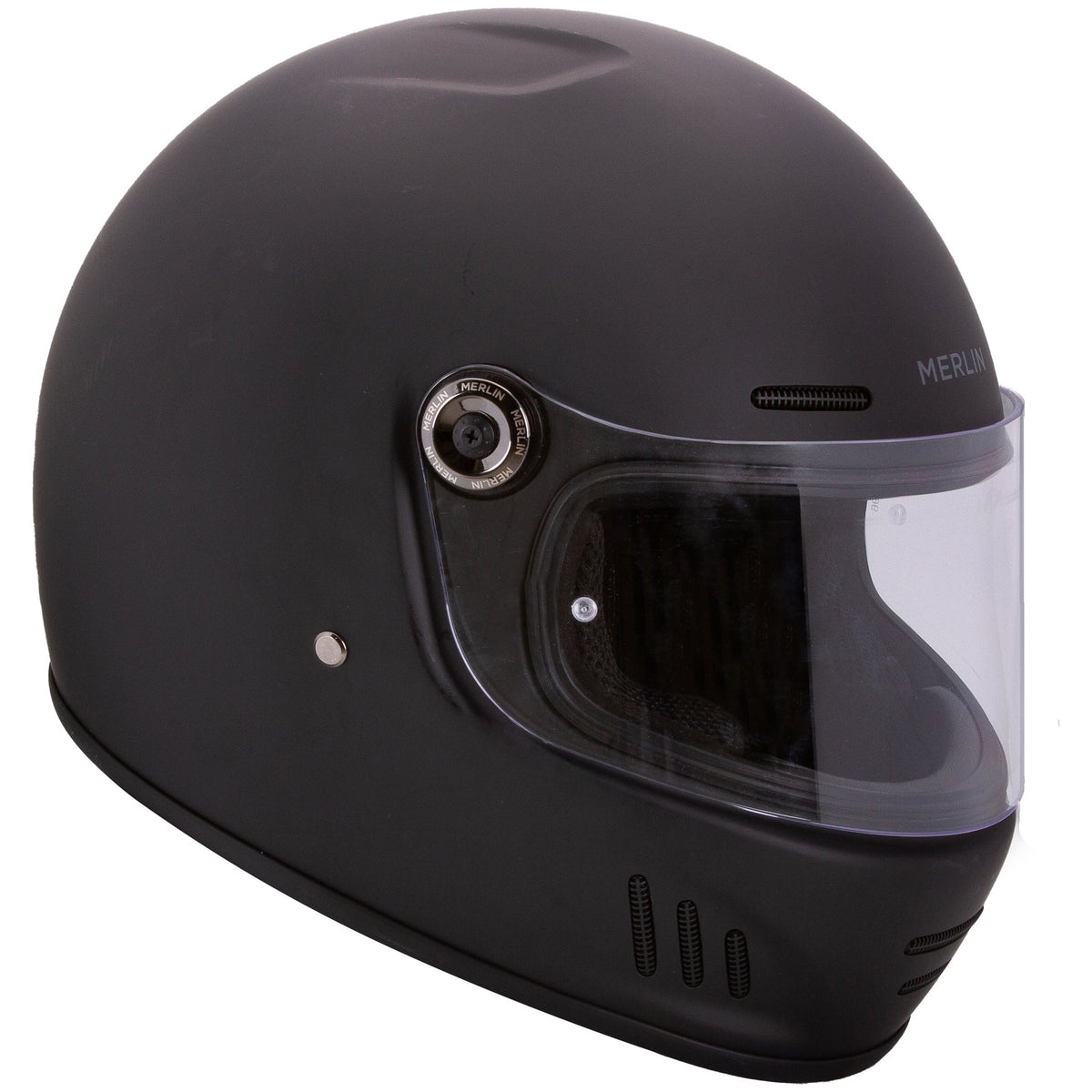 Merlin Revival Matt Black full-face motorcycle helmet, front-right three-quarter view