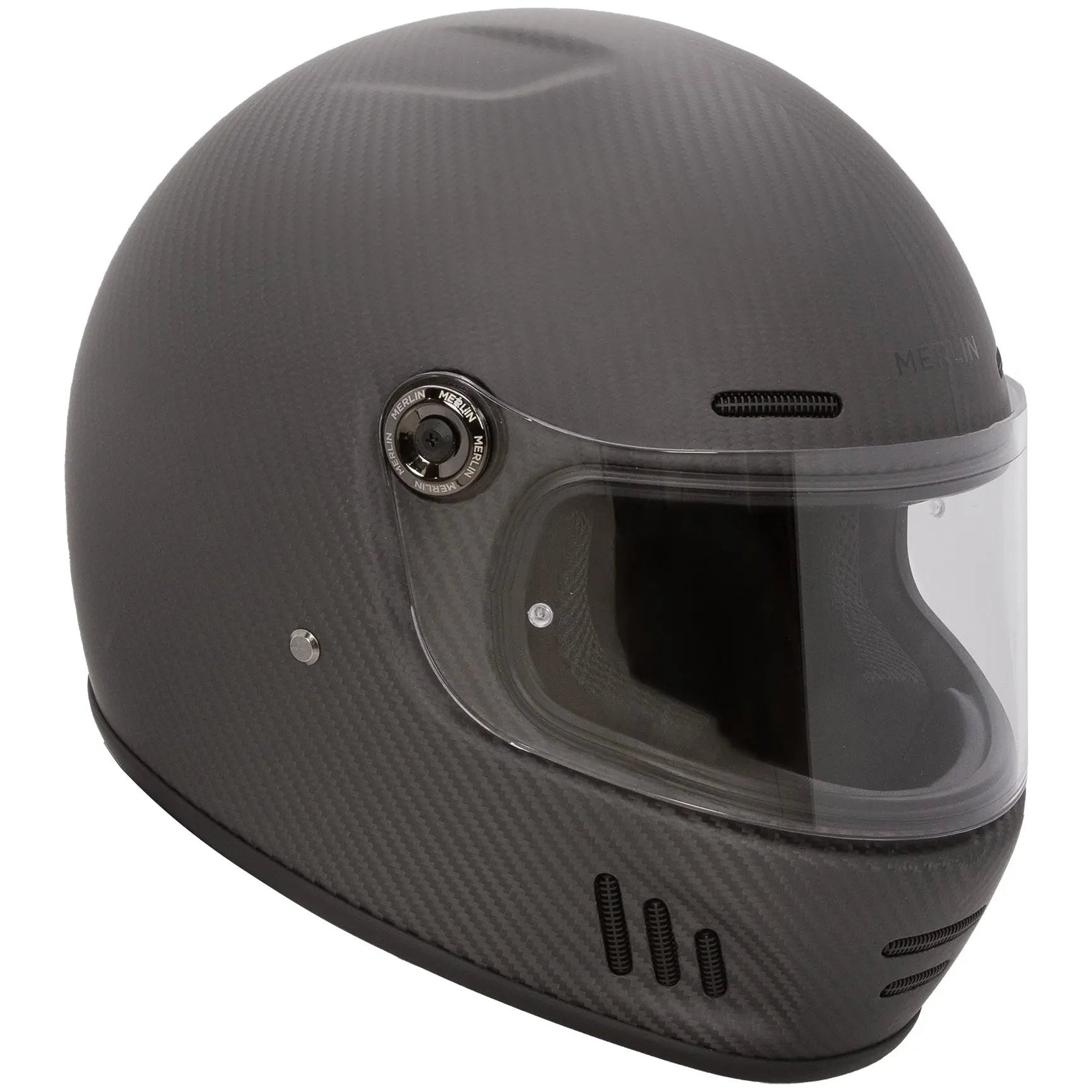 Merlin Revival Matt Carbon motorcycle helmet, right front view